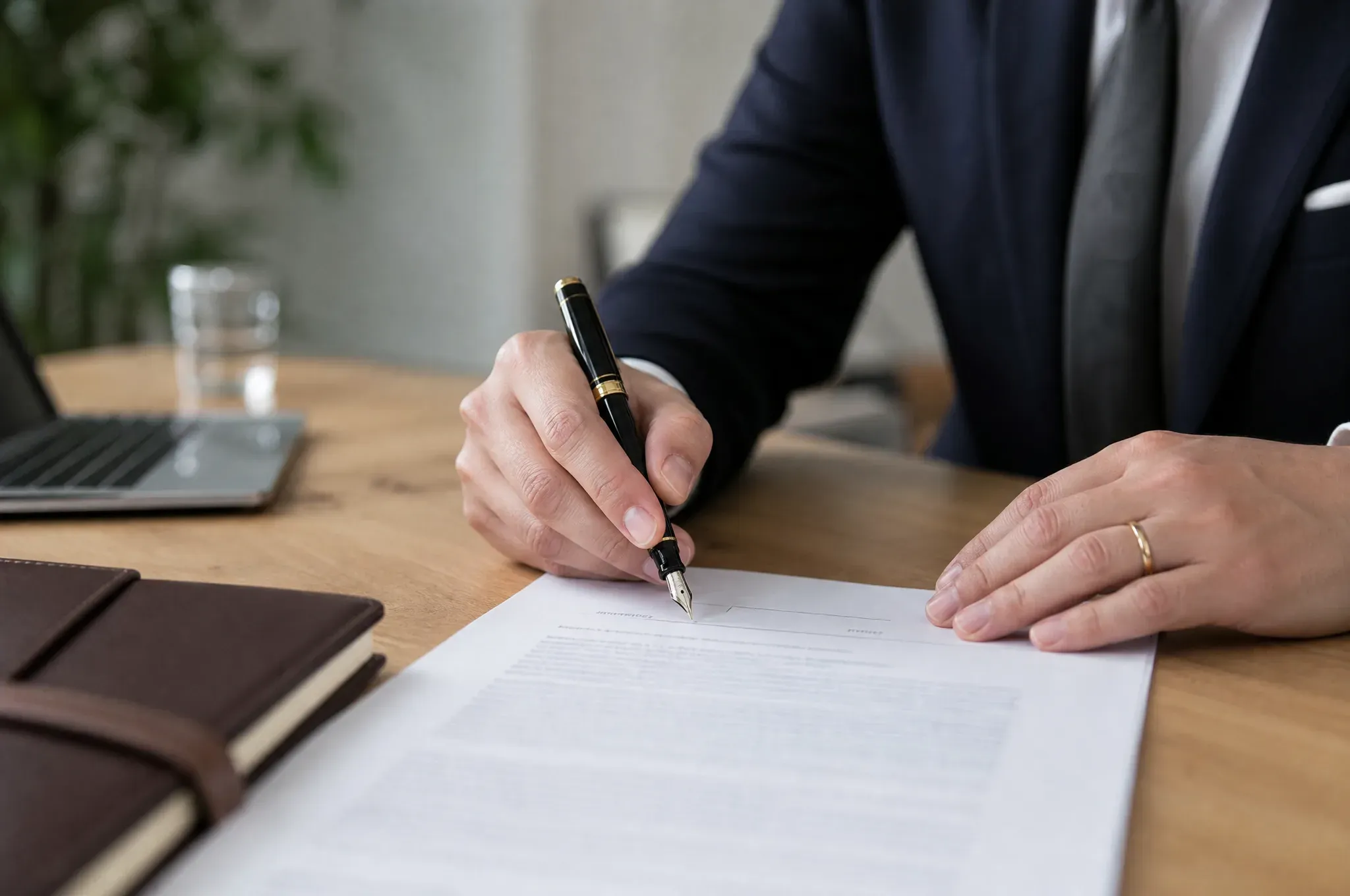 A man in a dark suit and tie signs a contract on a wooden desk while another hand rests on the page, a glass of water and leather notebook beside him.