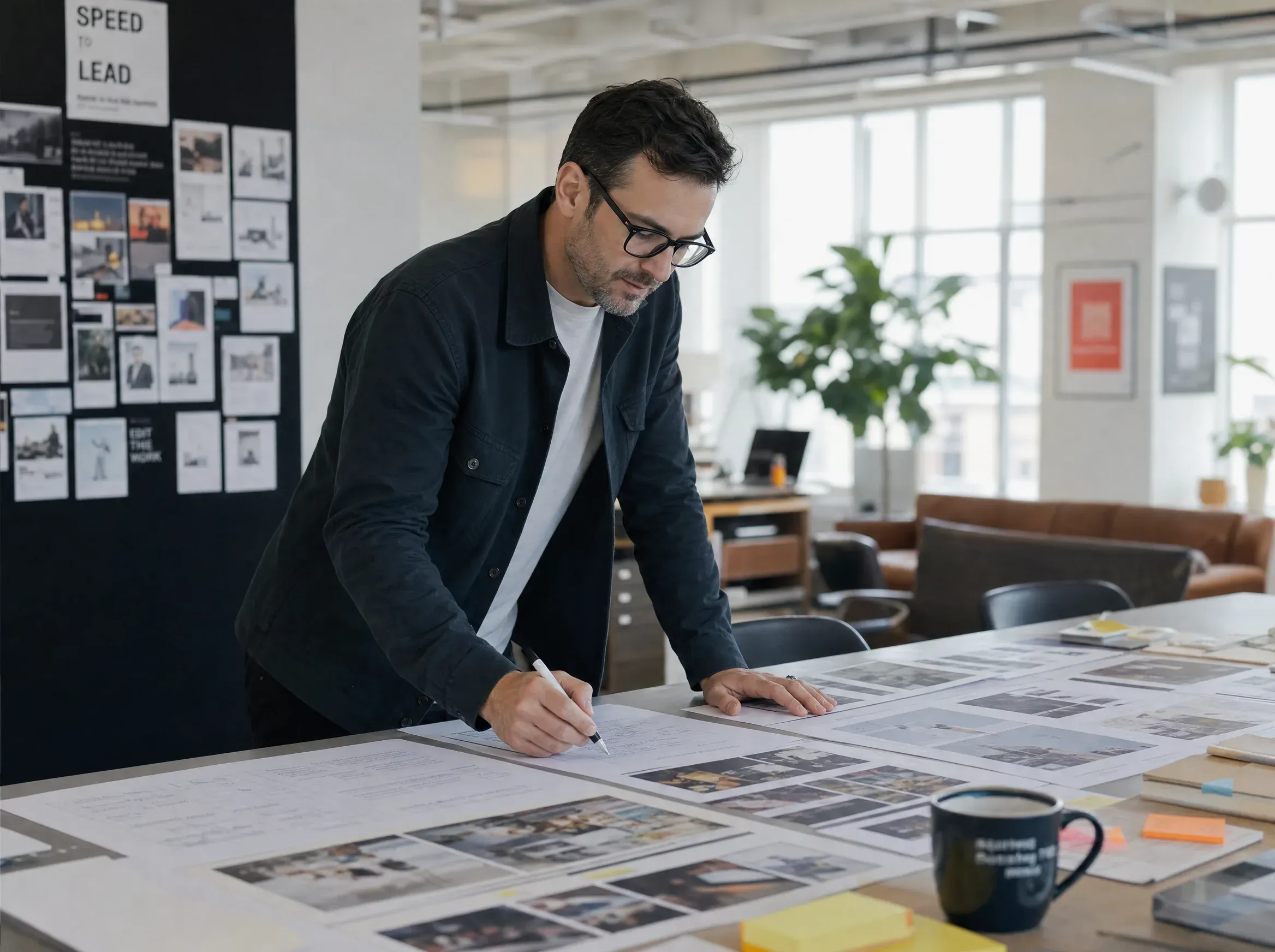 A creative director marking up printed layouts across a studio table
