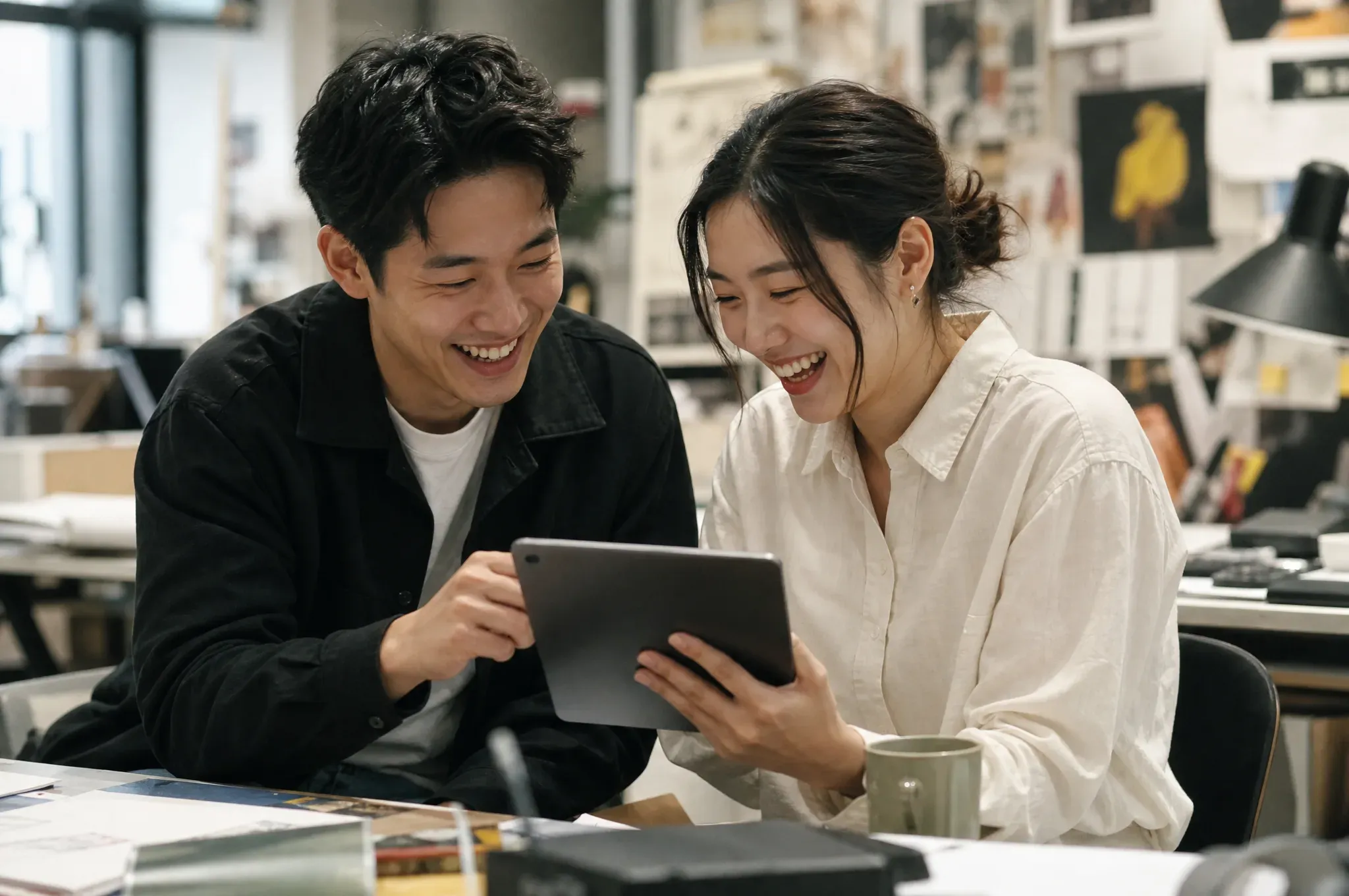 Two studio colleagues laughing over work on a tablet