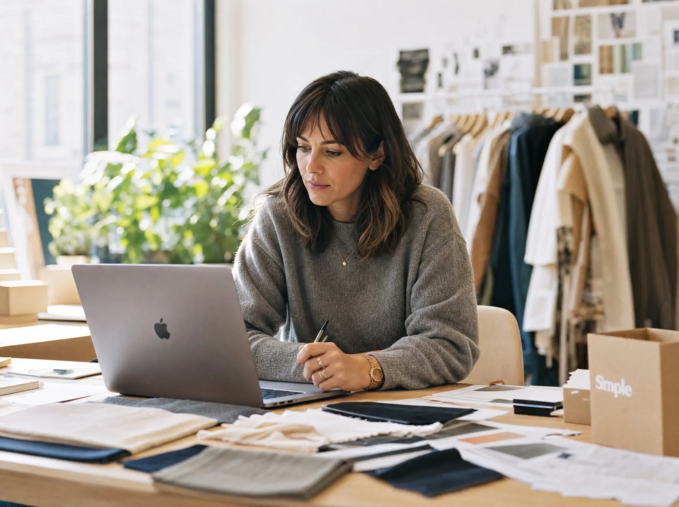 A woman holds a pen while reading her laptop screen at a desk surrounded by fabric pouches, papers, and a branded shipping box.