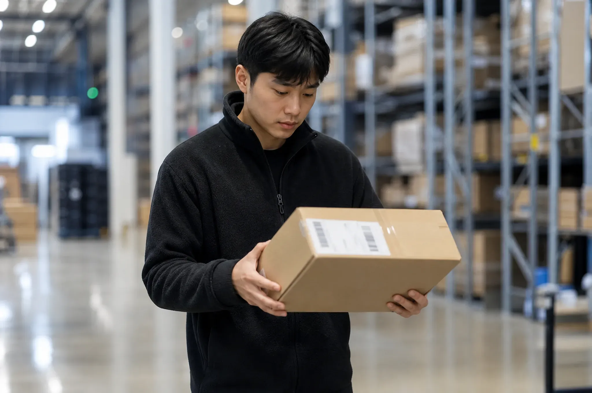 A warehouse associate in a black zip up fleece studies the shipping label on a cardboard box while standing in a tall storage aisle.