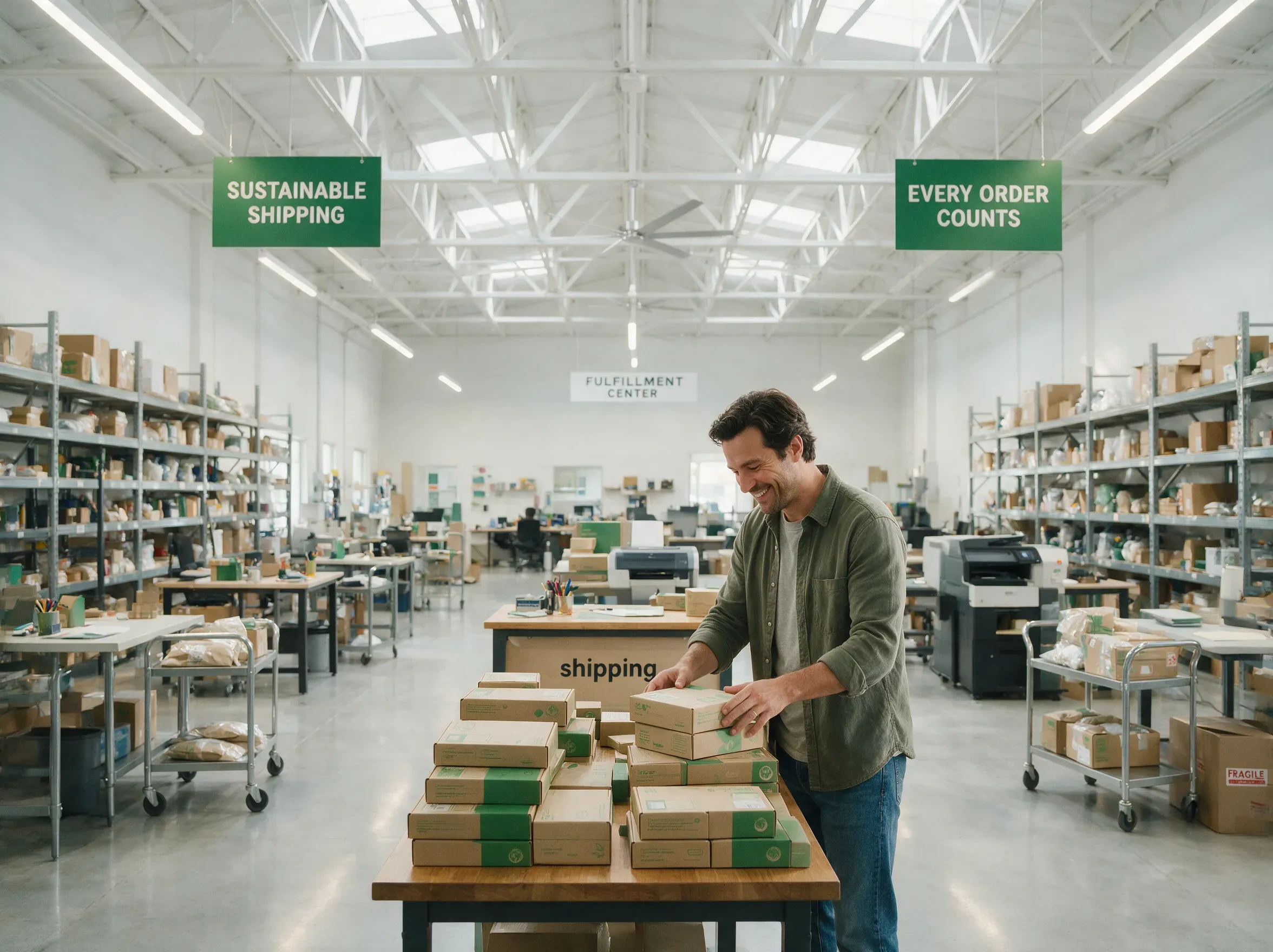 A smiling man stacks small green striped shipping boxes on a table inside a bright fulfillment center hung with sustainable shipping banners.