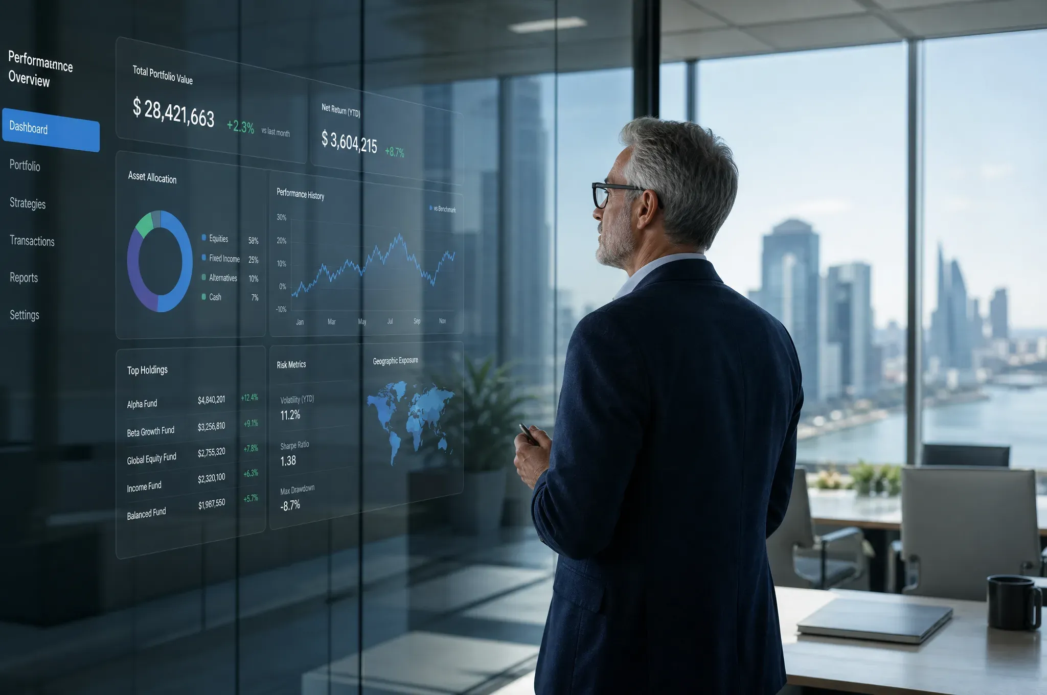 A grey-haired man in a suit stands by a floor-to-ceiling office window, viewing a translucent glass dashboard panel that shows total portfolio value, net return, asset allocation and performance charts, with a city skyline behind him.