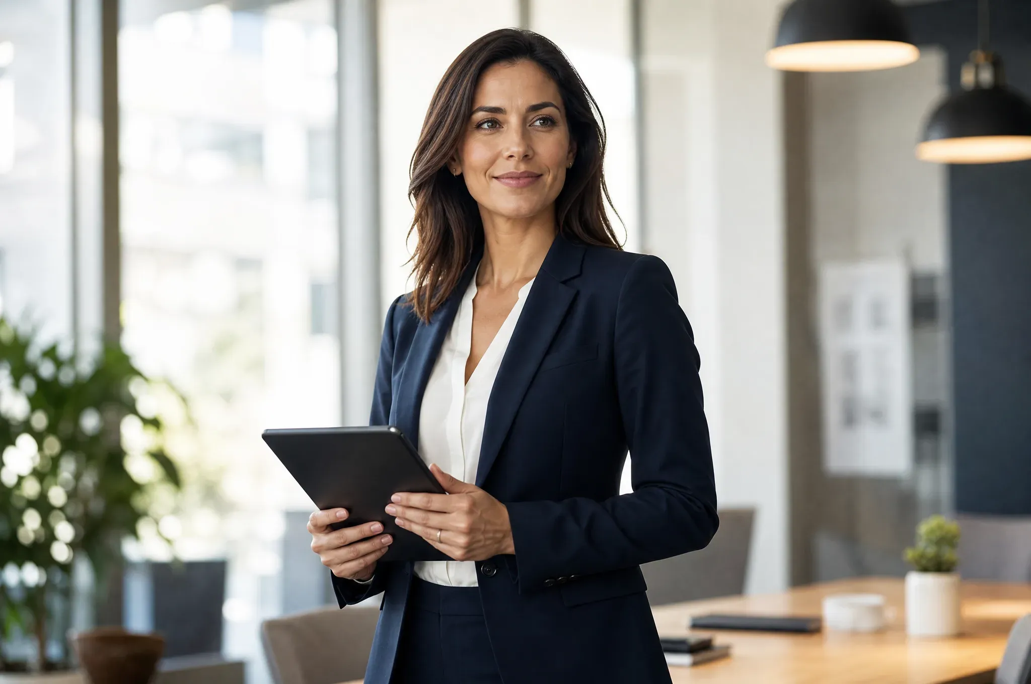 A smiling woman in a navy blazer holds a tablet in a bright glass-walled meeting room, looking off to one side, with empty chairs and a conference table behind her.
