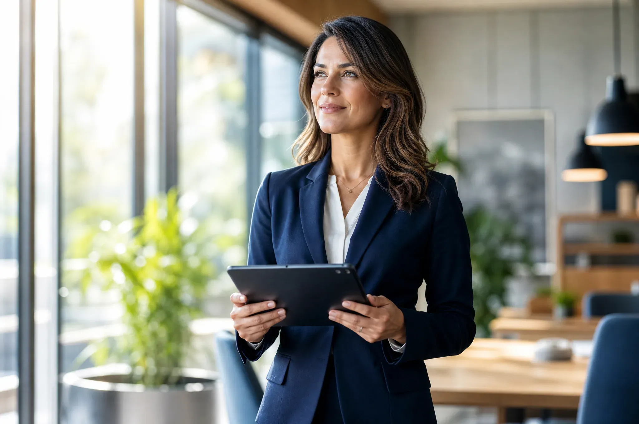 A smiling woman in a navy blazer holds a tablet in a sunlit office, gazing toward a bright window, with potted plants and pendant lights in the softly blurred background.