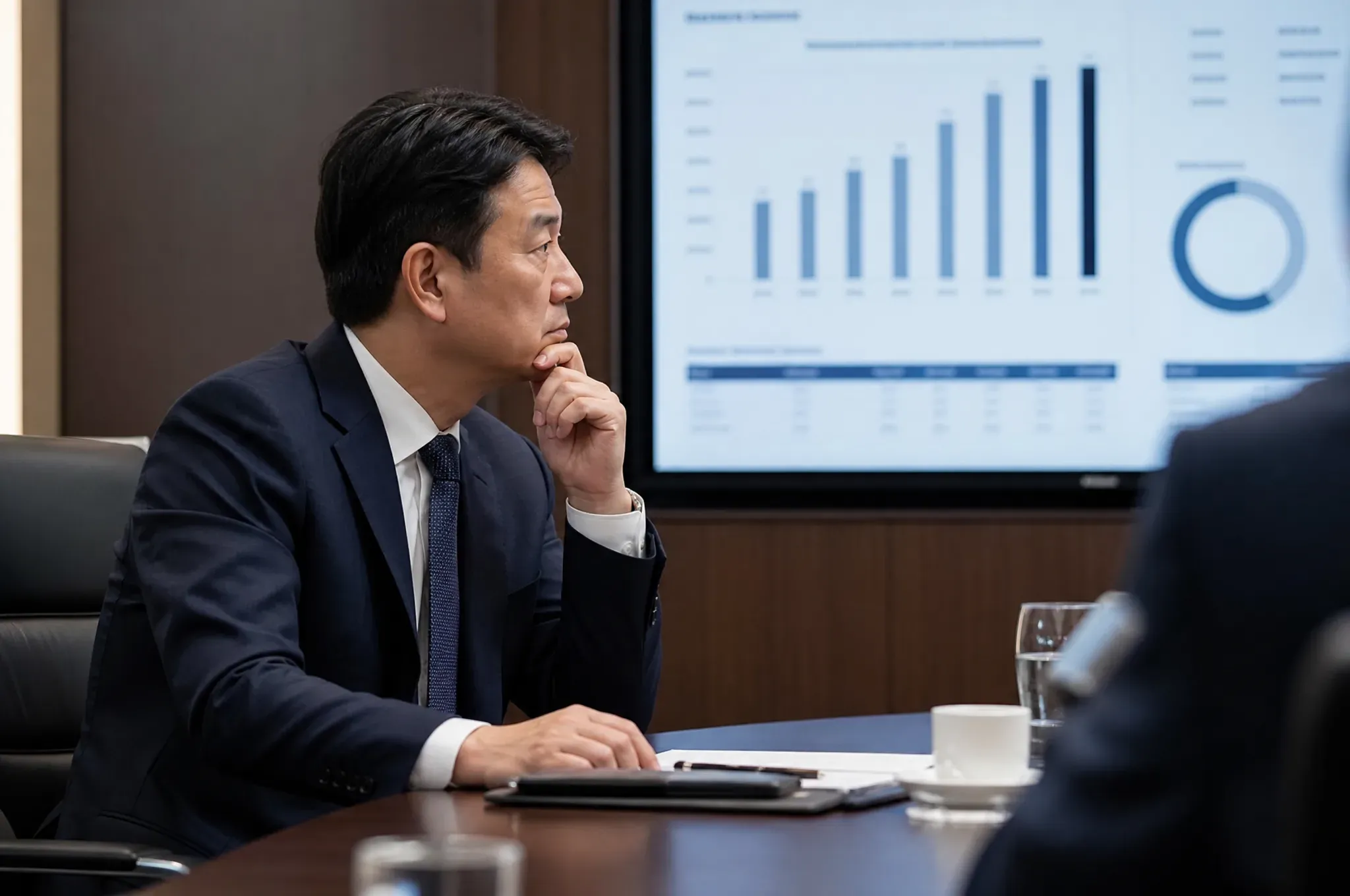 A senior businessman rests his chin on his hand while studying a bar chart and donut chart displayed on a boardroom screen.