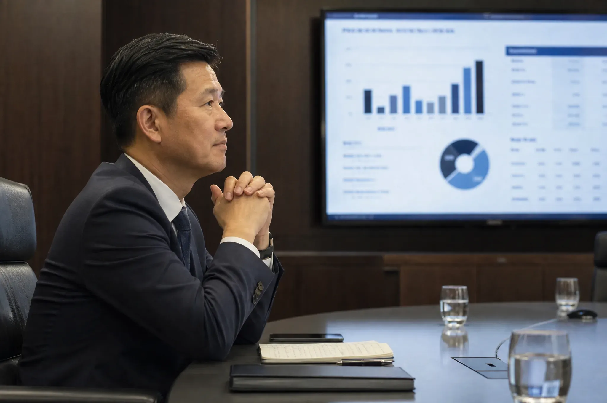 A businessman sits with his hands clasped in thought, gazing at data charts on a large boardroom display.