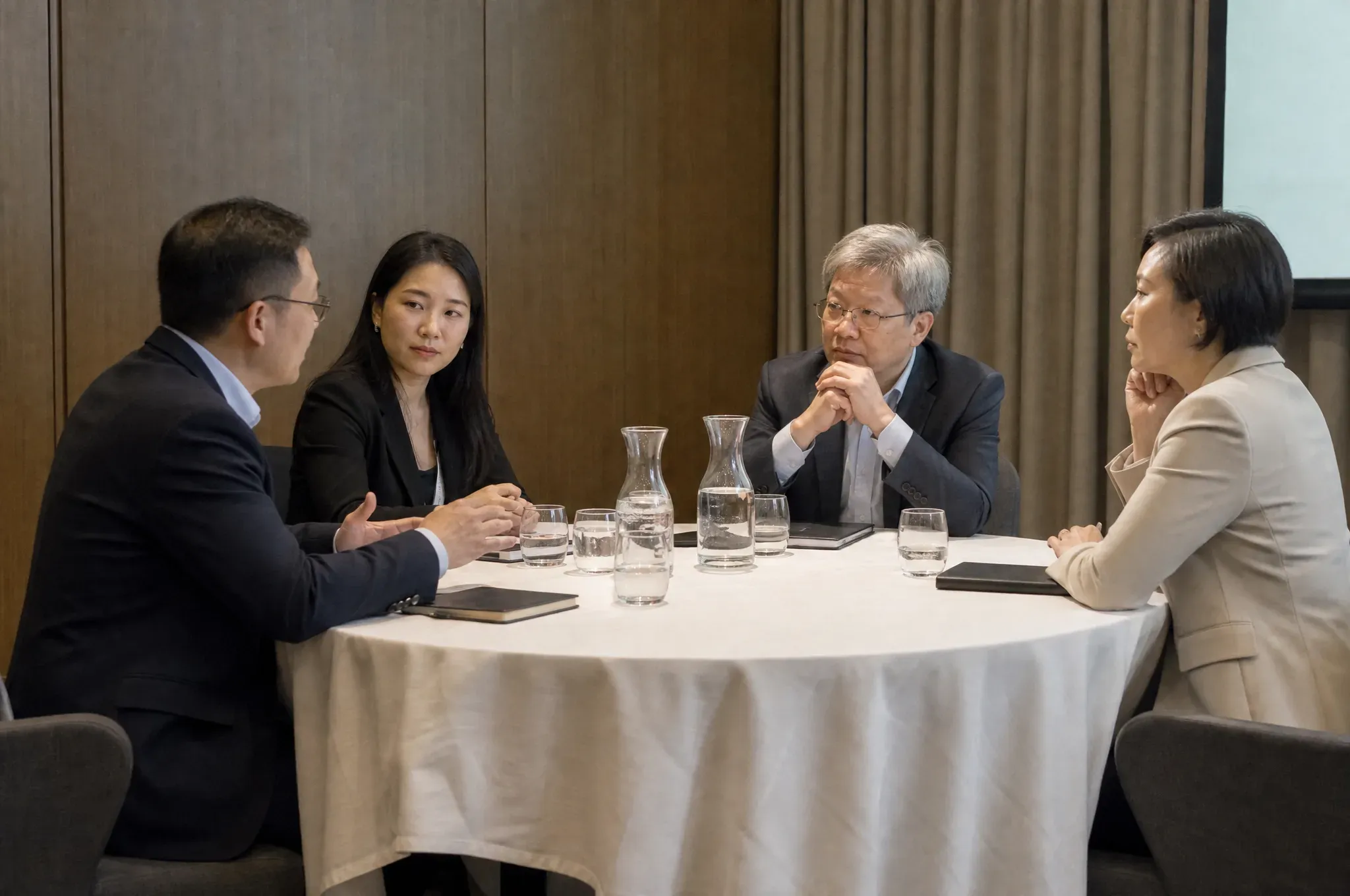 Four founders in a roundtable discussion around a linen covered table