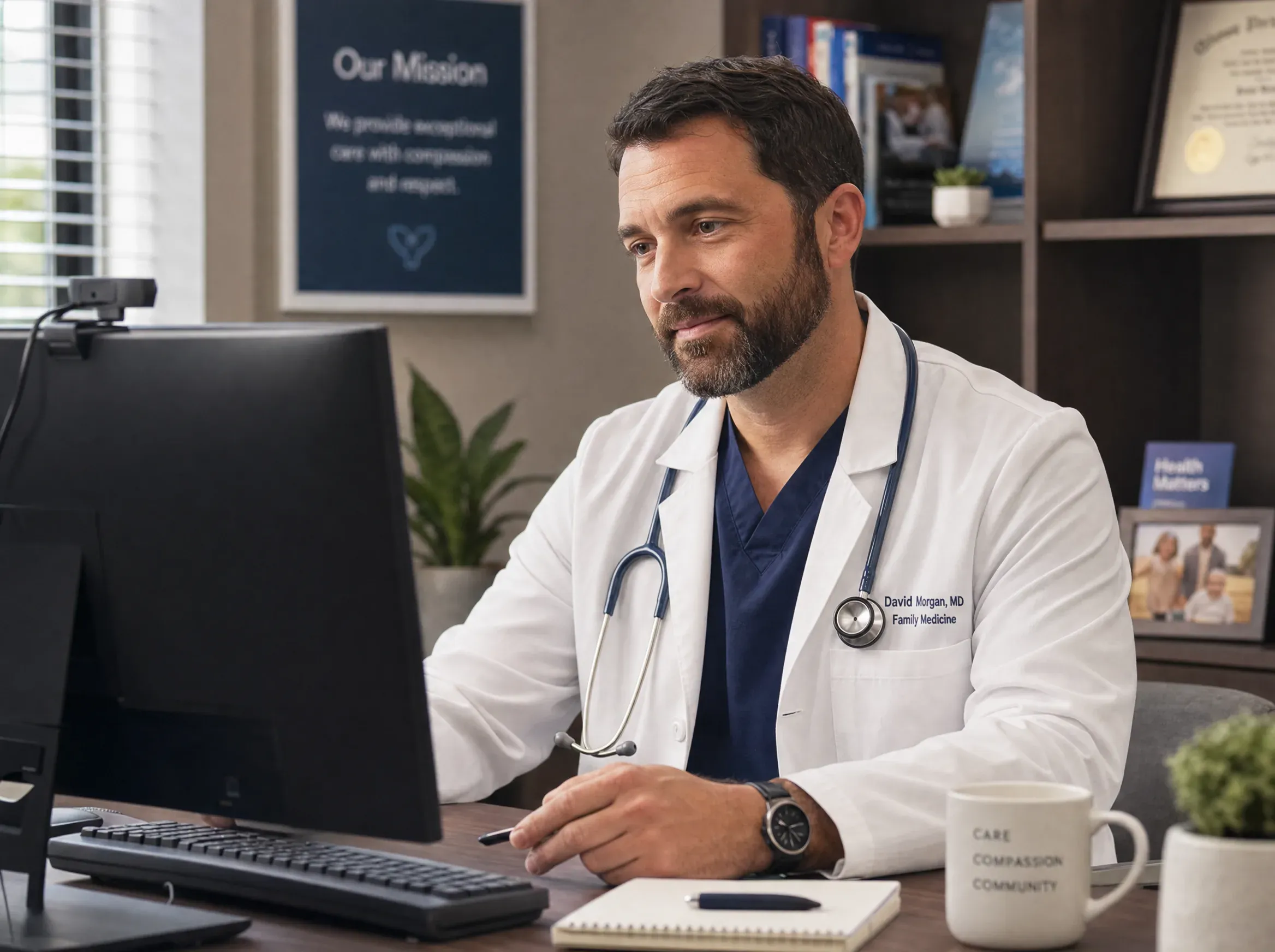 A bearded doctor in a white coat and stethoscope sits at a desk, looking at a computer monitor fitted with a webcam, in an office decorated with a mission statement poster, framed certificate and family photo.