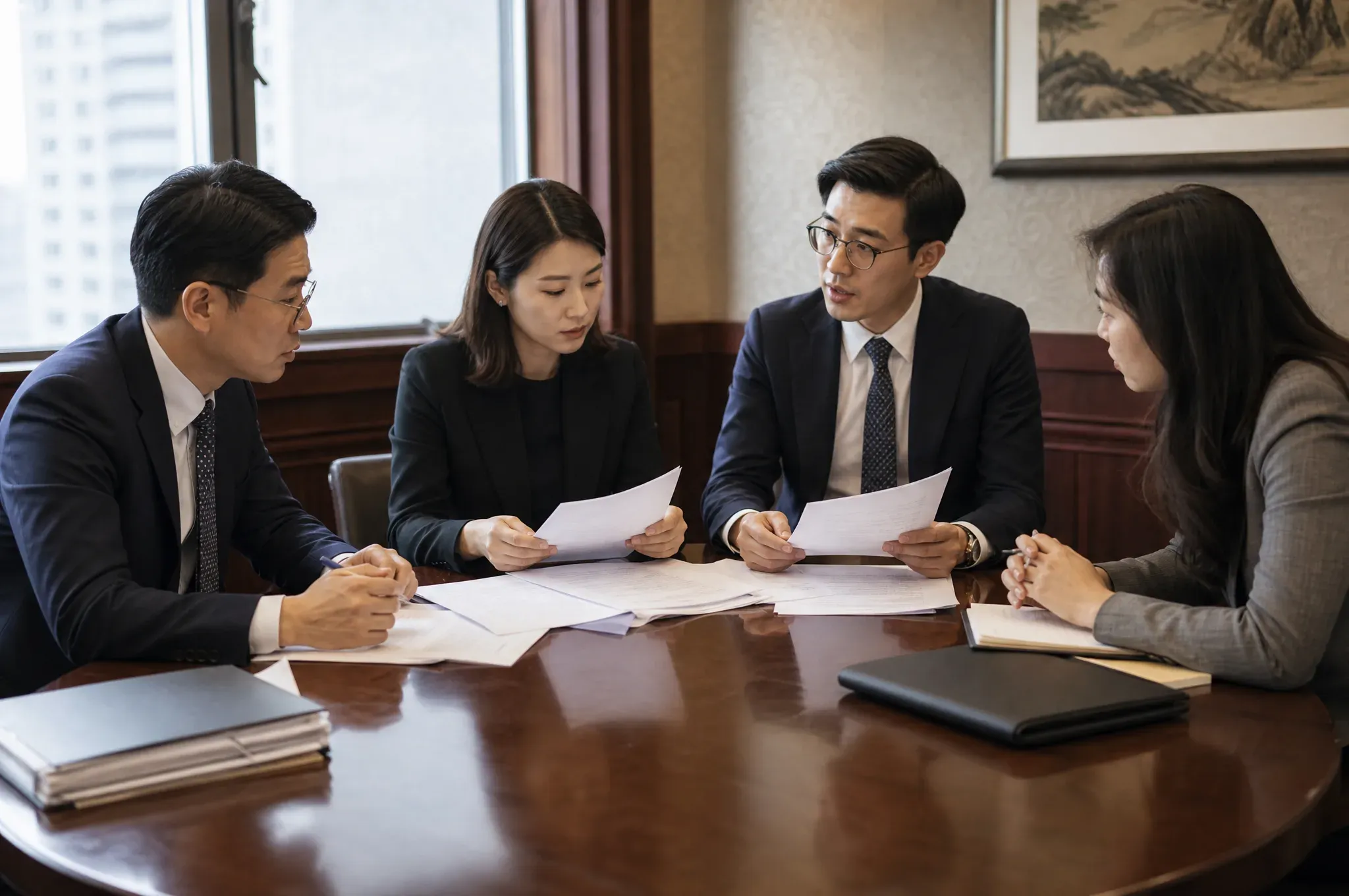 Two men and two women in dark business suits sit around a polished wood table in a wood-paneled boardroom, reviewing paper documents together.