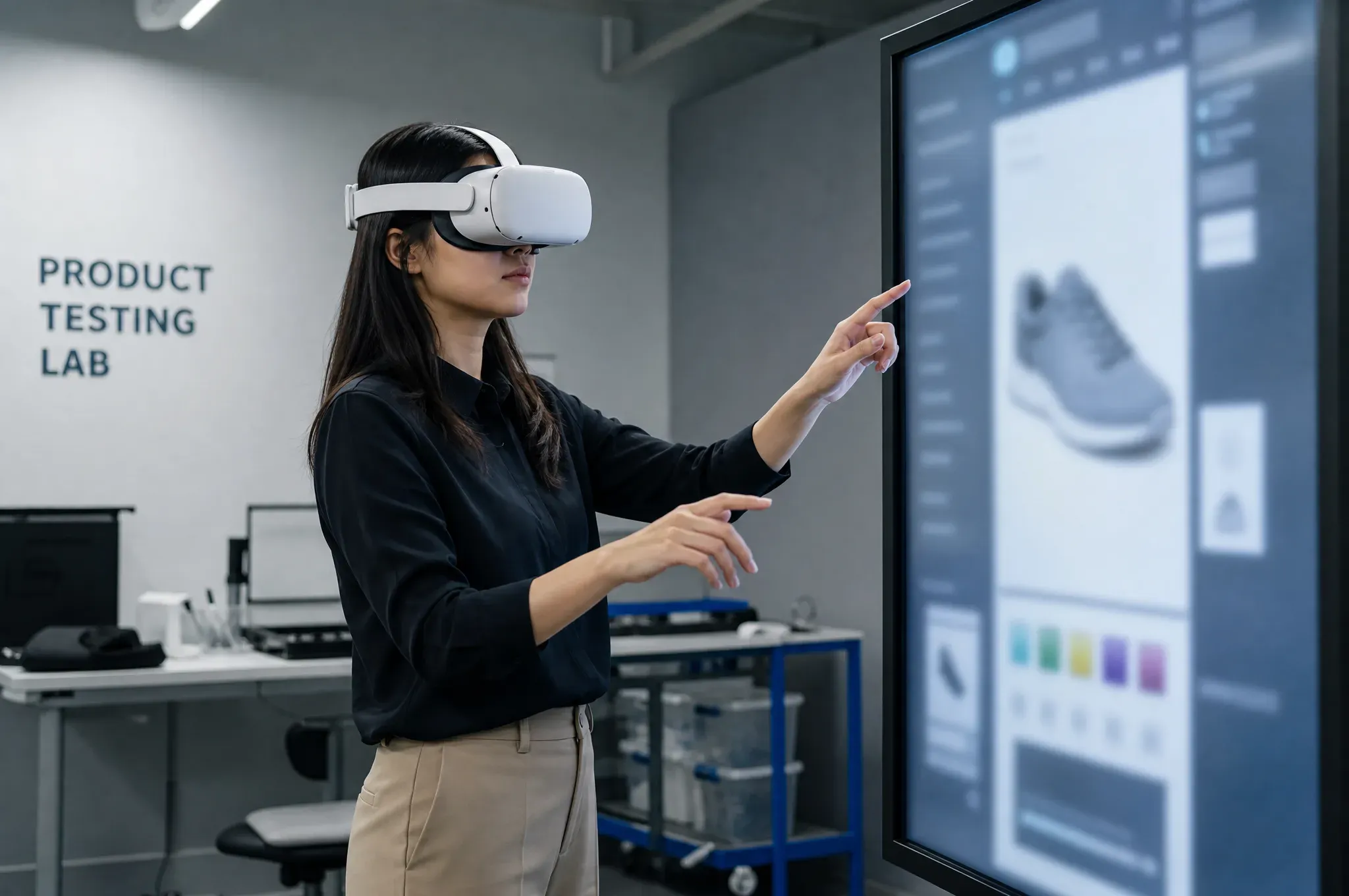 A product specialist demonstrating a platform on a large touchscreen