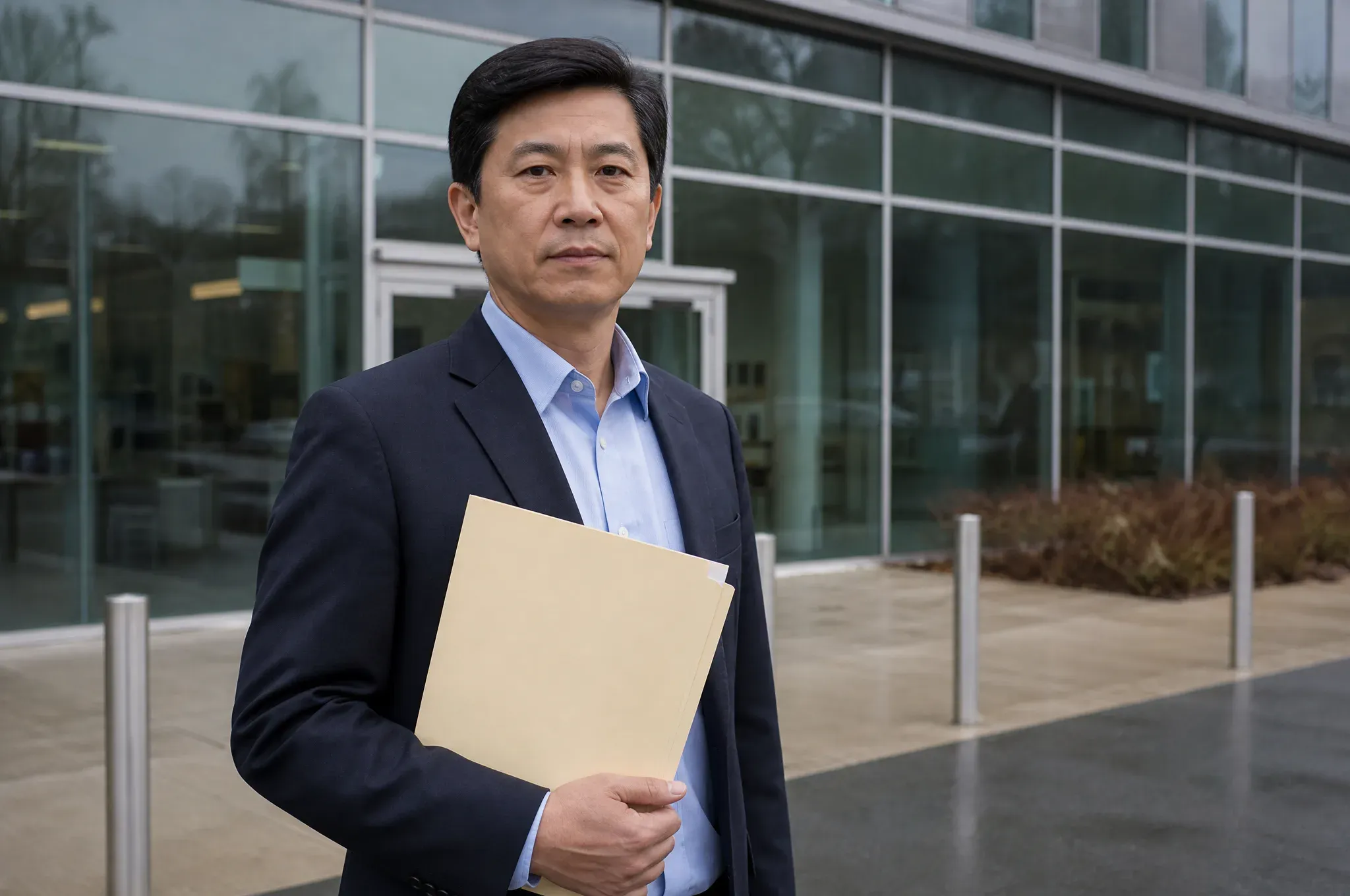 A management consultant outside a glass office building, client folder in hand