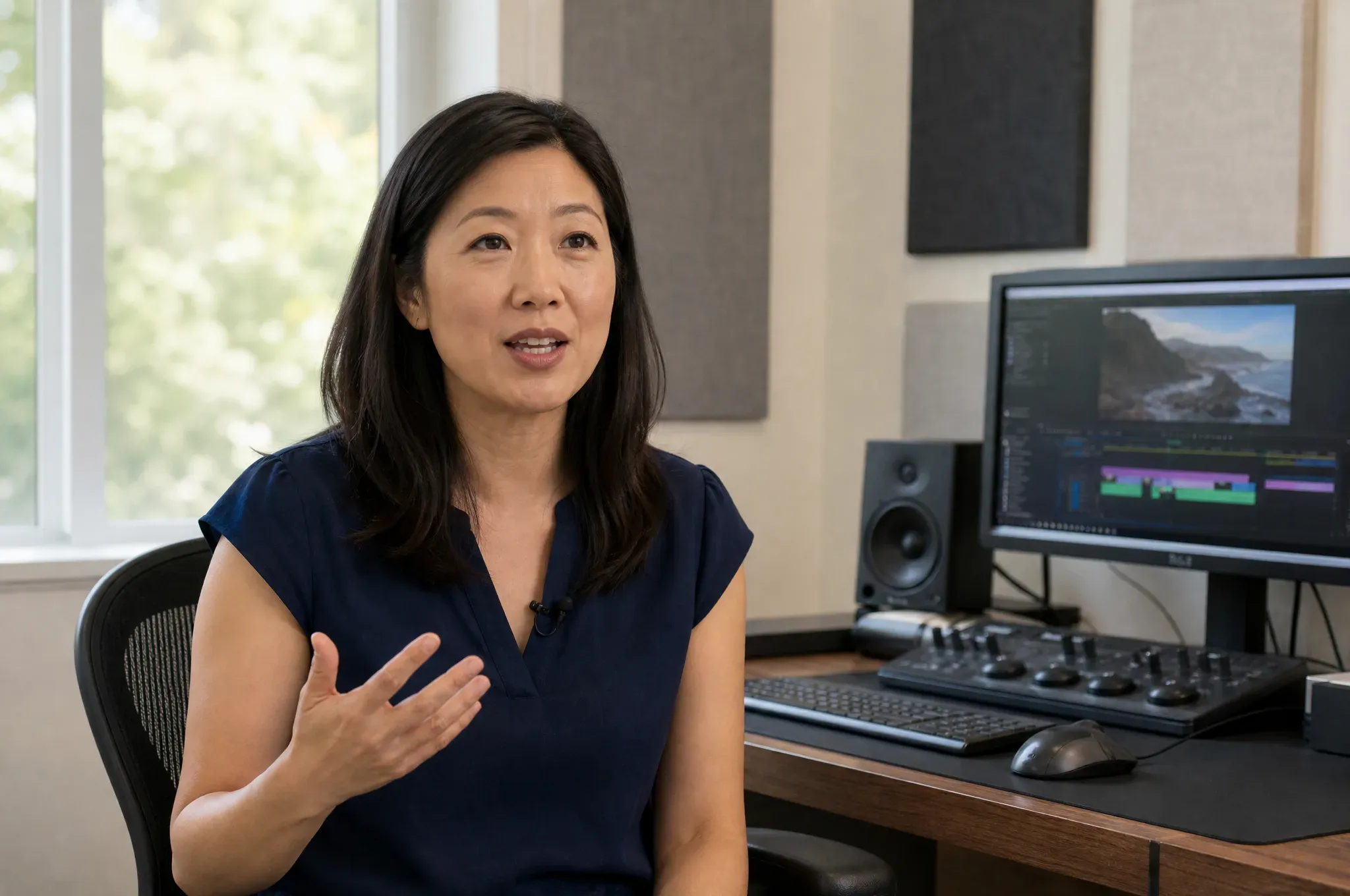 A woman gestures with one hand while speaking, seated beside a monitor displaying a video editing timeline of coastline footage.