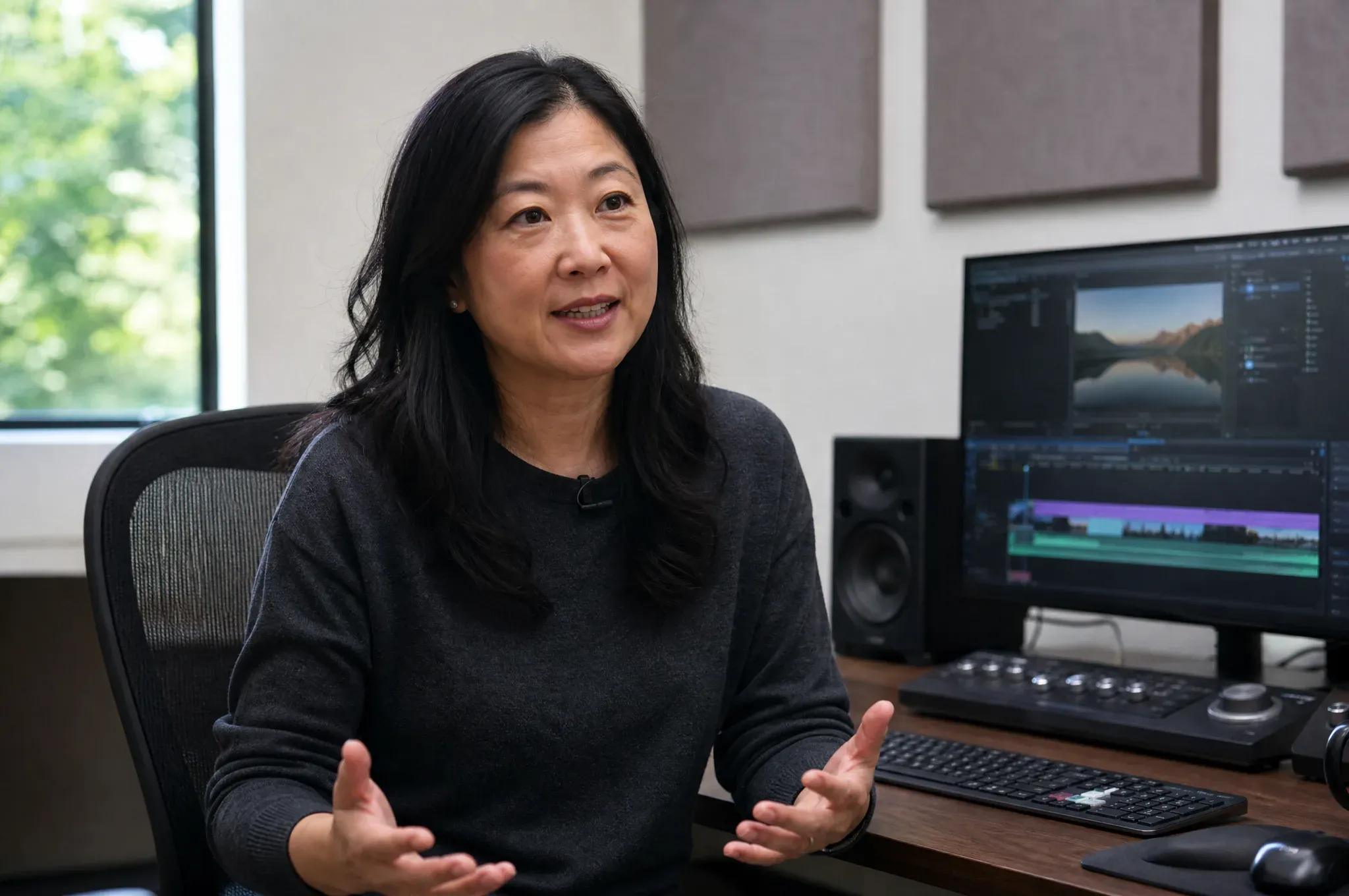 A woman gestures with both hands while speaking, seated beside a monitor displaying a video editing timeline of mountain and lake footage.