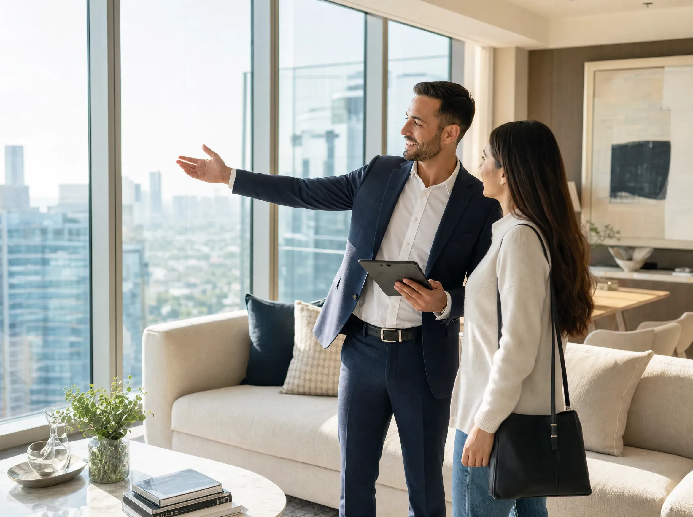 A real estate agent in a navy suit gestures toward the city skyline while a female client looks on in a bright high-rise living room.