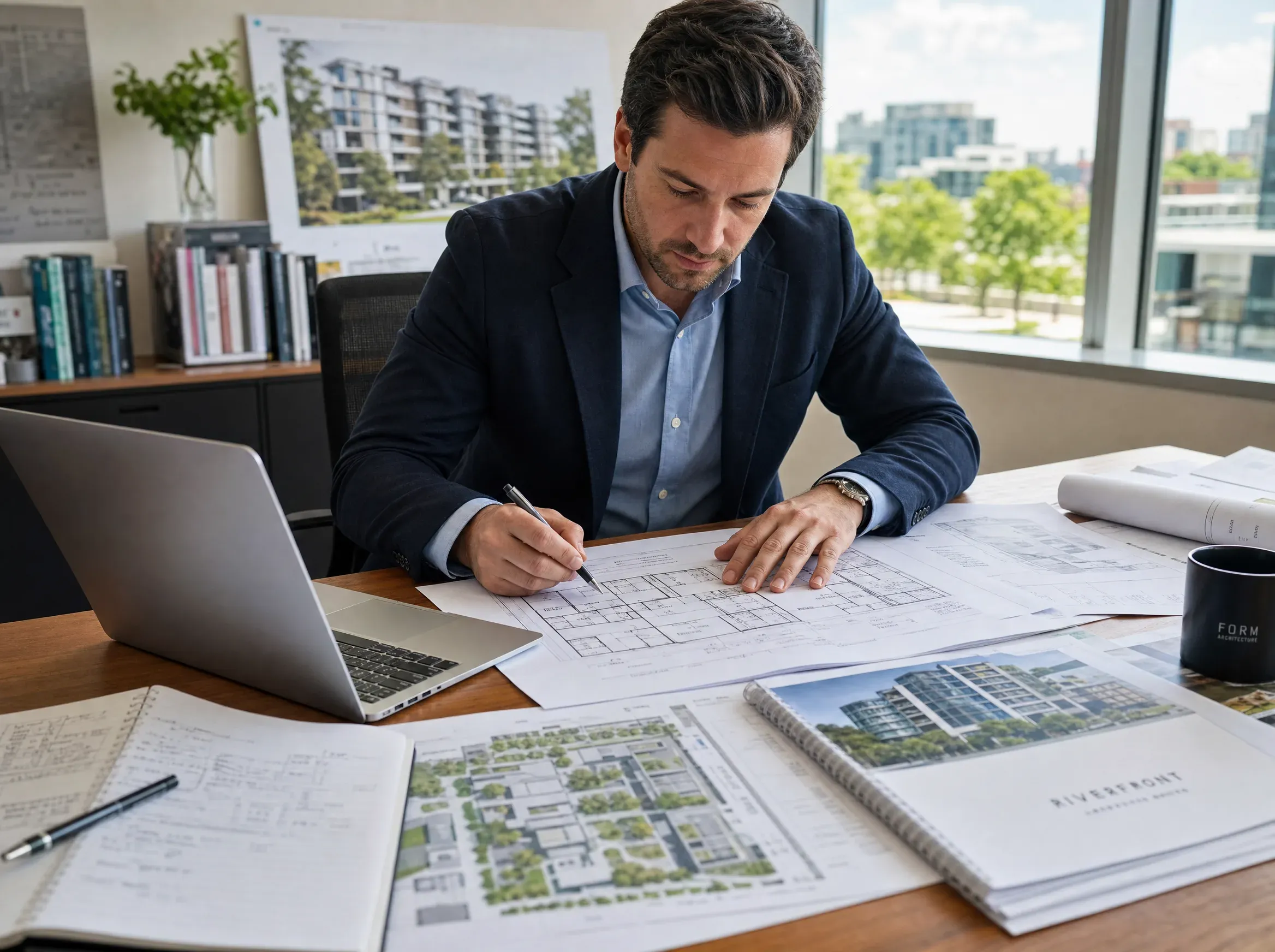 A real estate developer sits at an office desk marking up architectural floor plans, surrounded by building renderings, a laptop and a notebook.