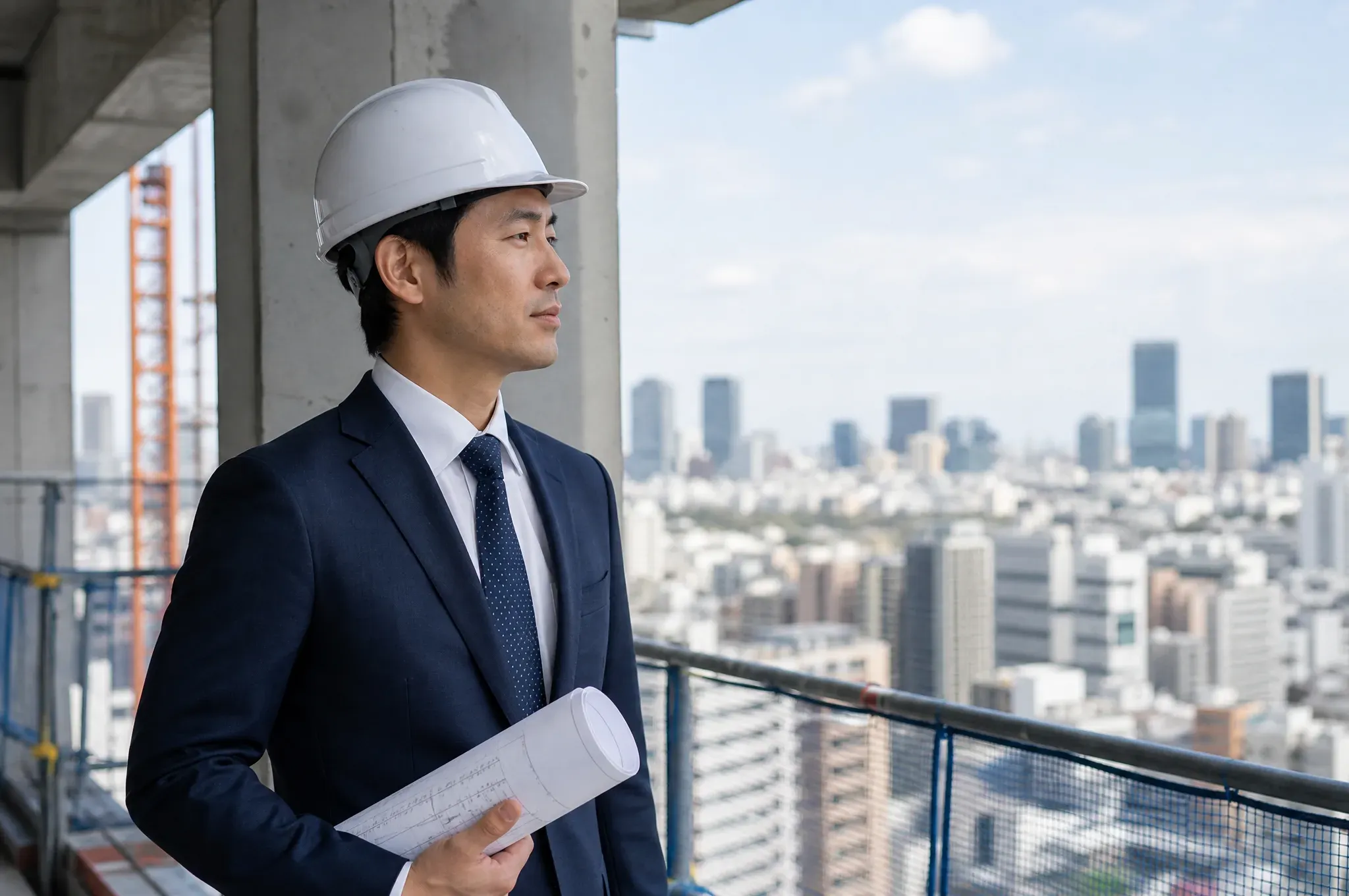 A real estate engineer in a hard hat is seen in profile on a construction site balcony, holding rolled blueprints with a tower crane and city skyline behind him.