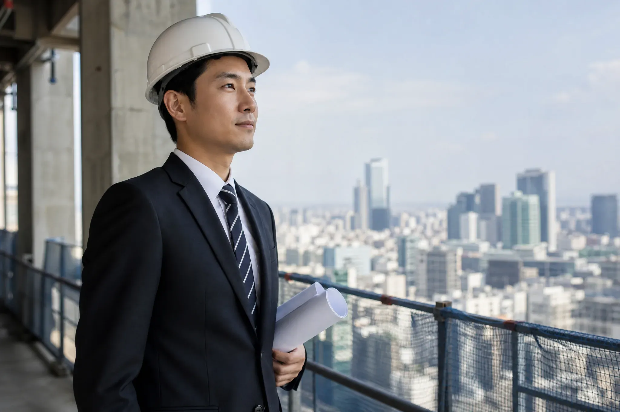 A real estate project manager in a hard hat and suit stands on an open air high-rise construction floor, holding rolled blueprints while looking out over the city skyline.
